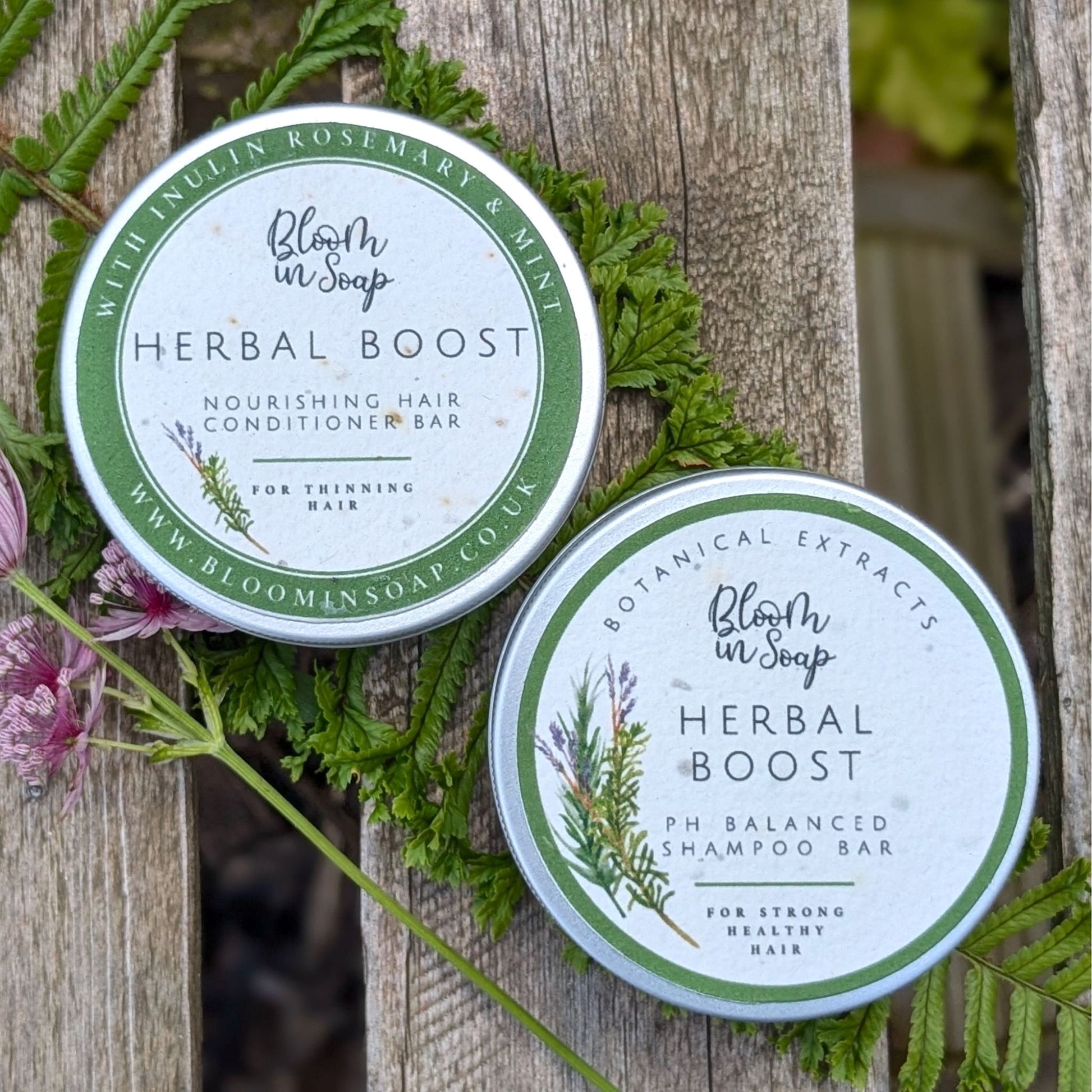 Herbal Boost shampoo and conditioner bars from Bloom In Soap