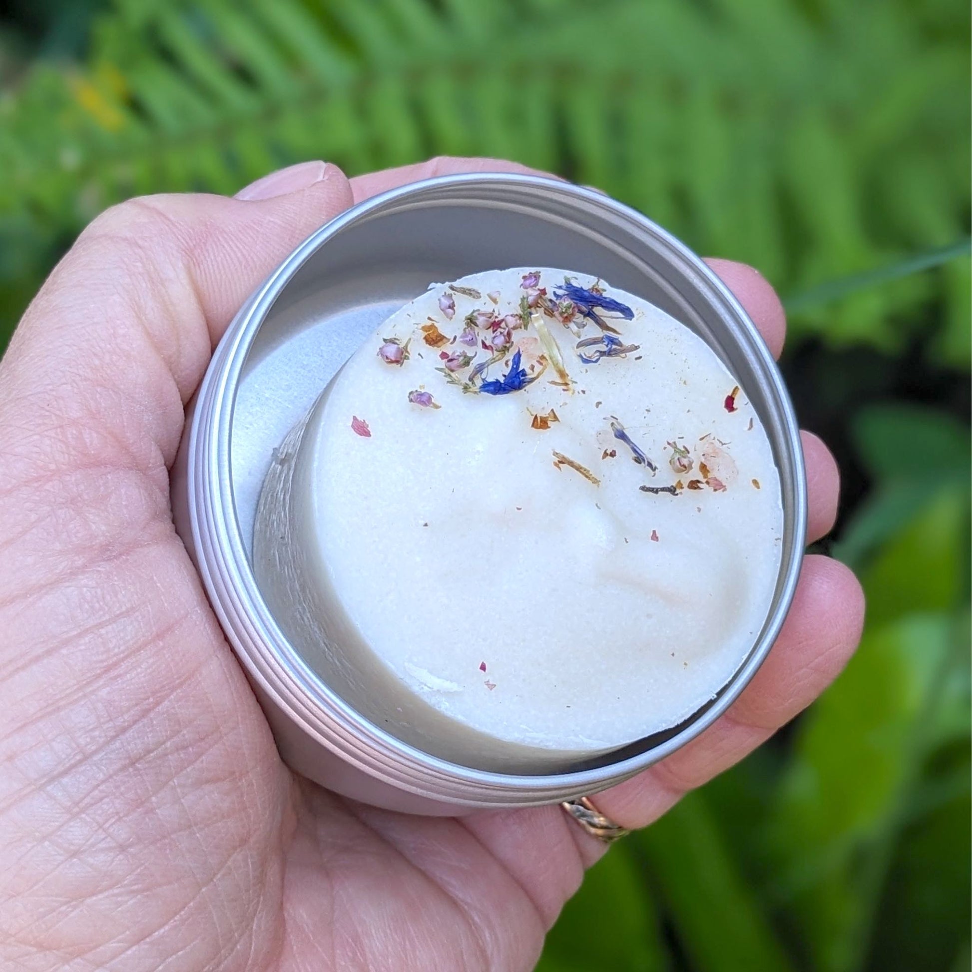 Naked Flower fragrance free travel soap in a tin